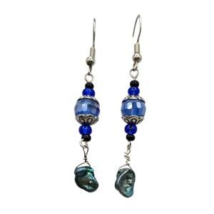 Pierced Earrings Baroque Pearl Sterling Silver Accent Blue Beads Artisan SKU2795